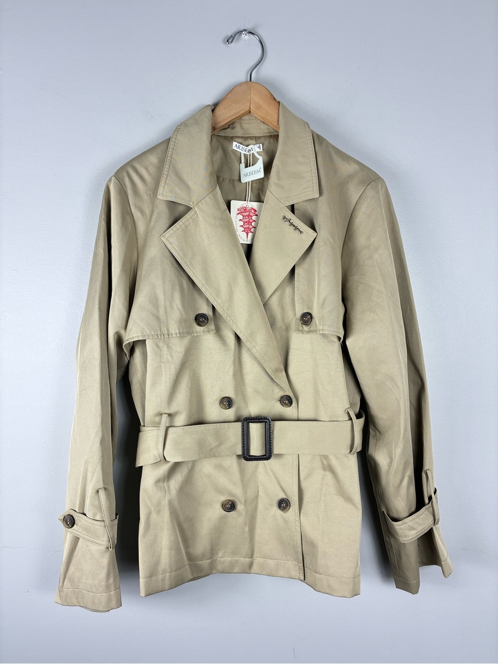 Women’s Kahaki Short Trench Coat Jacket w Belt Luxury Preppy Casual Outdoors NEW